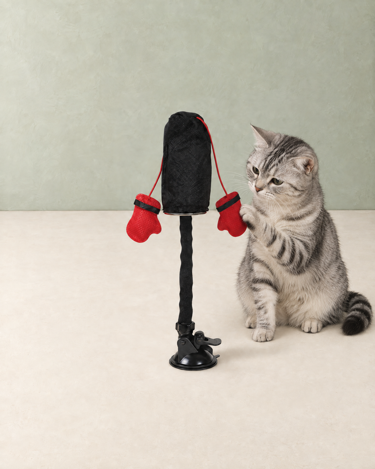 A silver tabby cat pawing at a red boxing glove on the cat punching bag toy