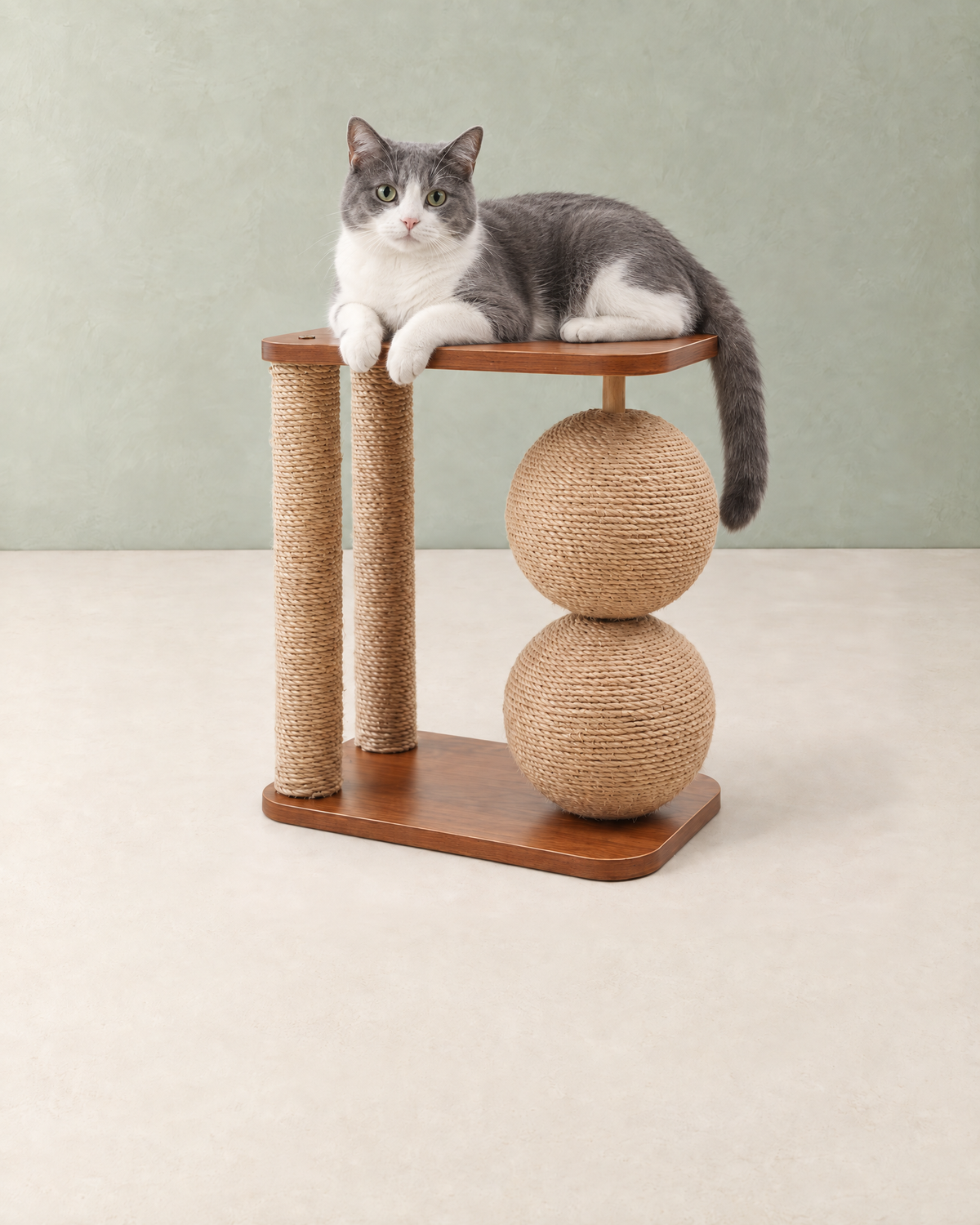 A grey and white cat lying on the top perch of the sisal ball cat scratching post