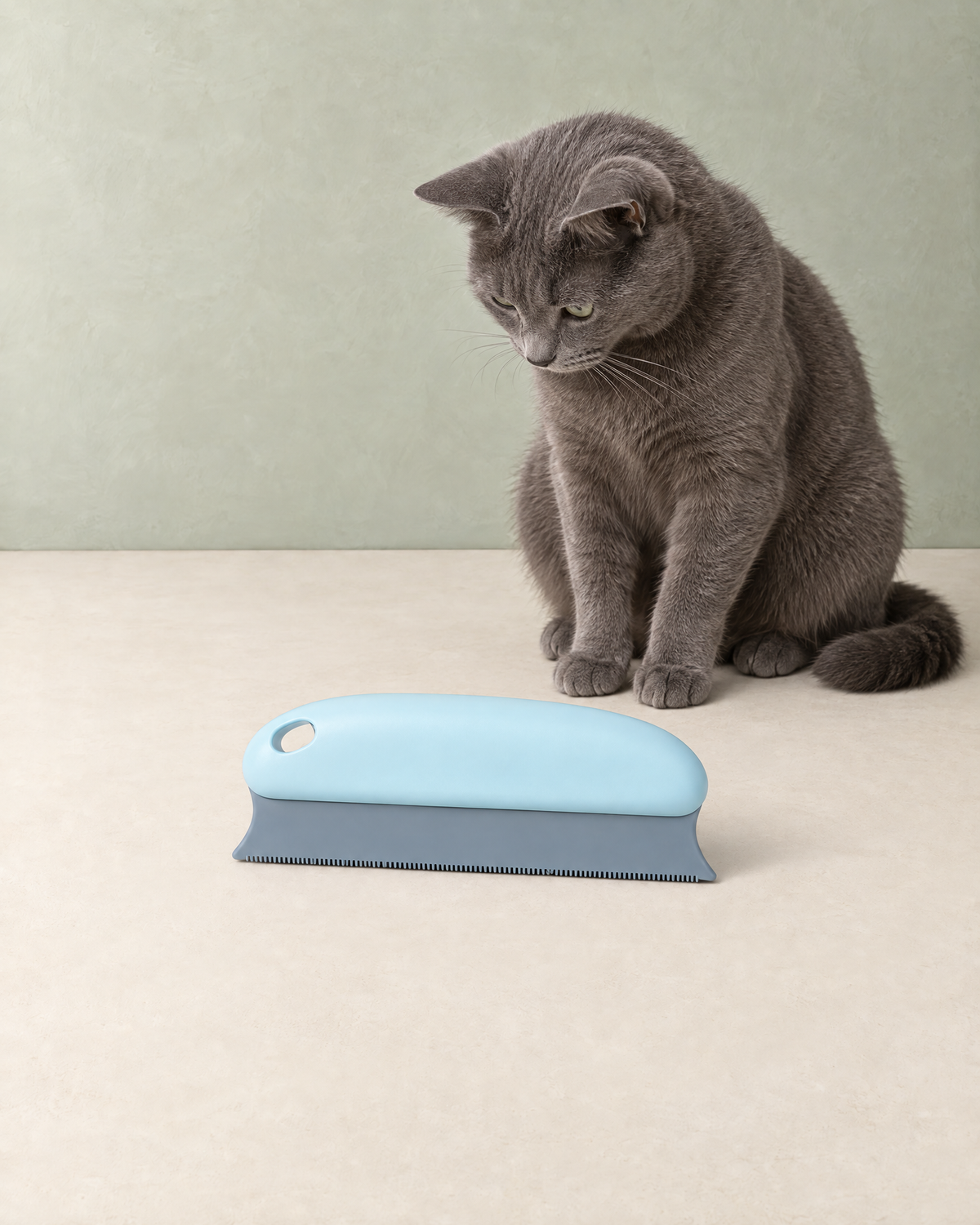 A grey cat sitting beside the light blue pet hair remover on a cream floor