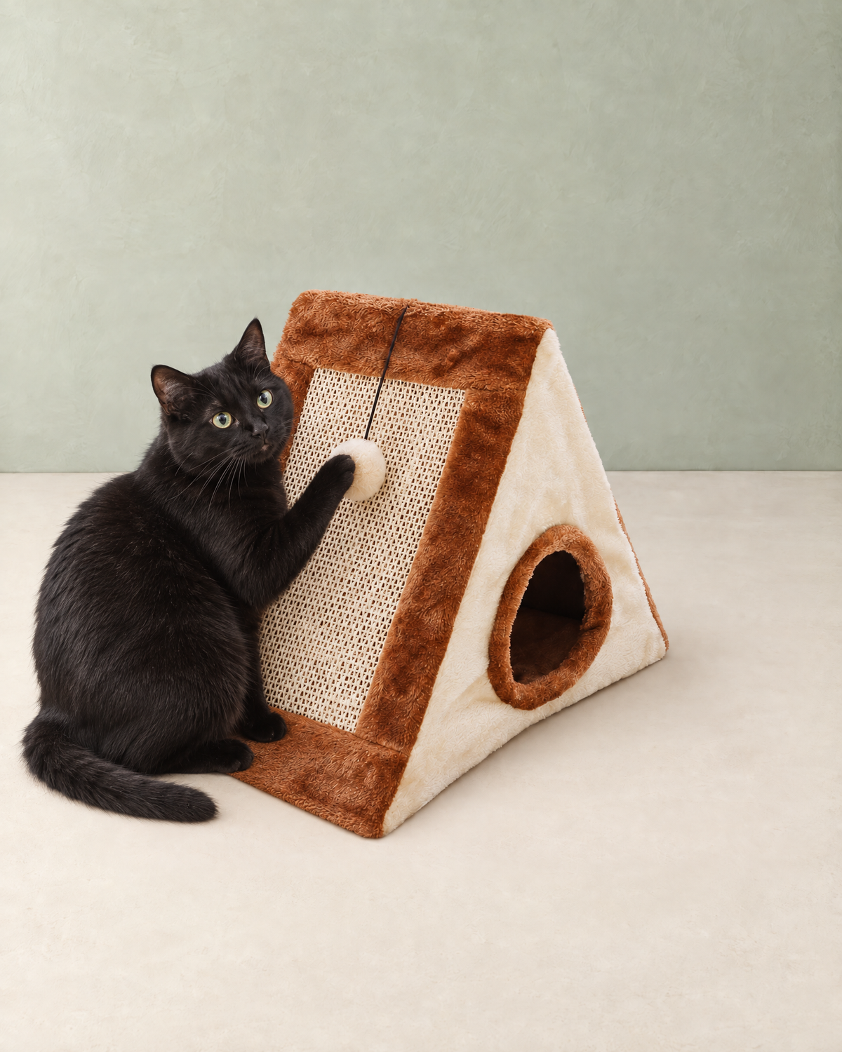 A black cat sitting in front of the triangle cat house, pawing the pom-pom over the sisal scratch panel