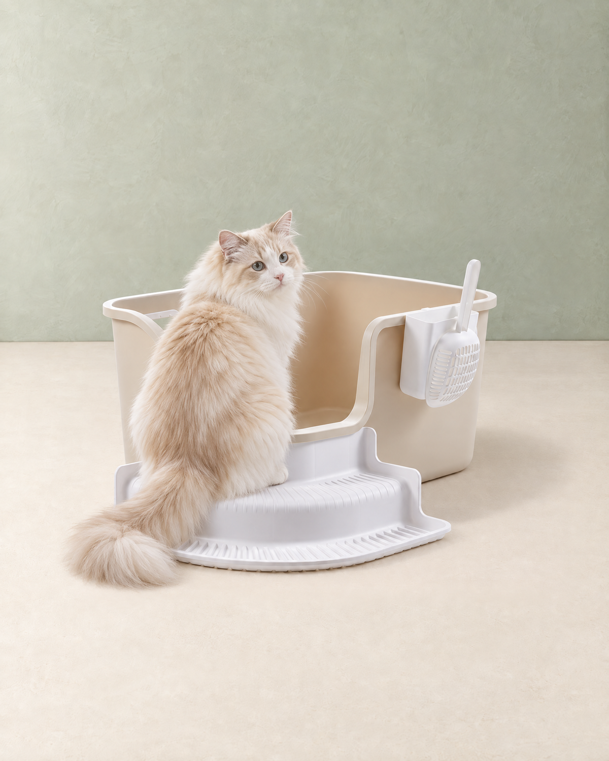 A cream long-haired cat sitting on the step of the open-top litter box