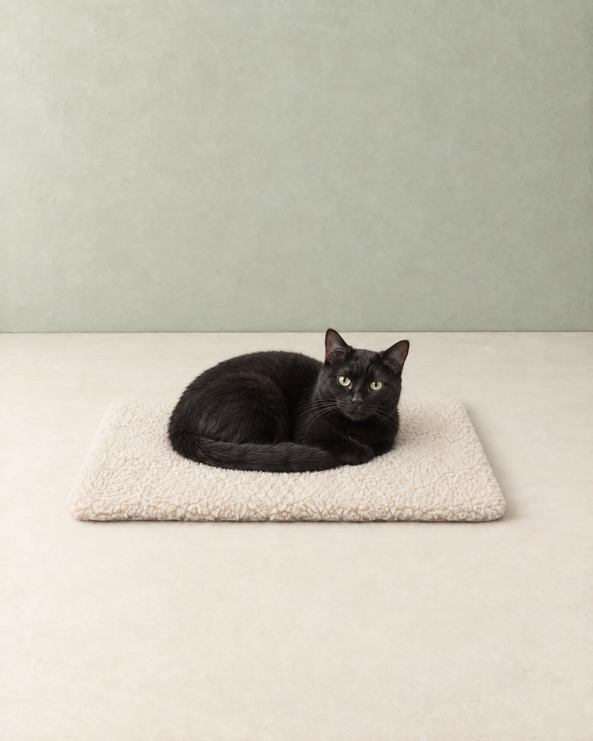 A black cat curled up on the cream fleece self-warming pet mat