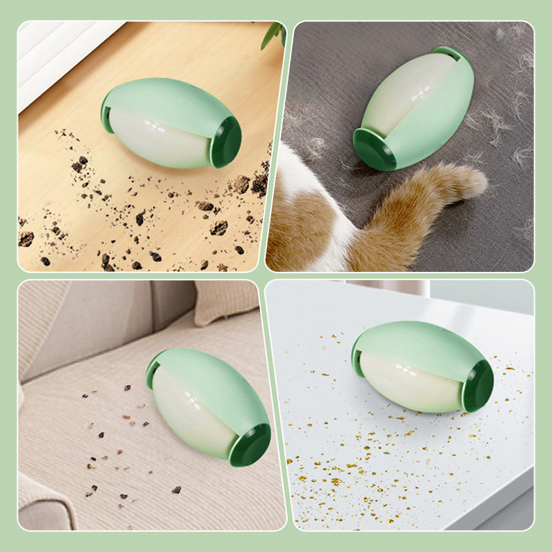The green roller picking up crumbs, cat hair and glitter on a table, sofa, bed and floor