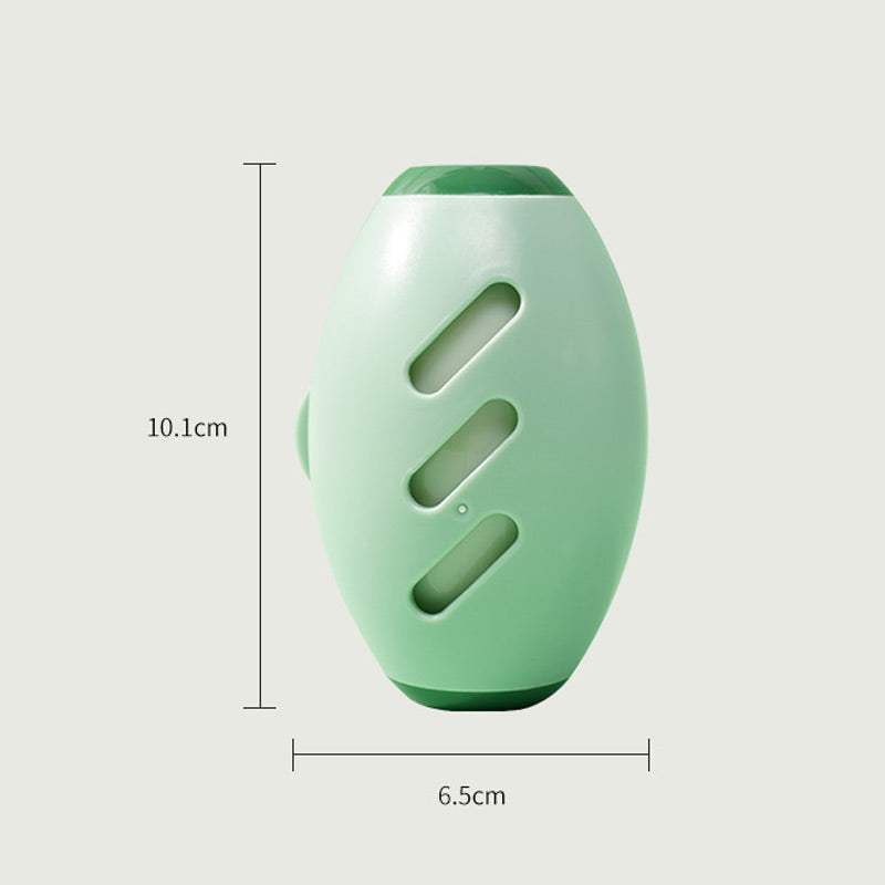 Green egg-shaped pet hair roller standing upright, 10.1 cm tall and 6.5 cm wide