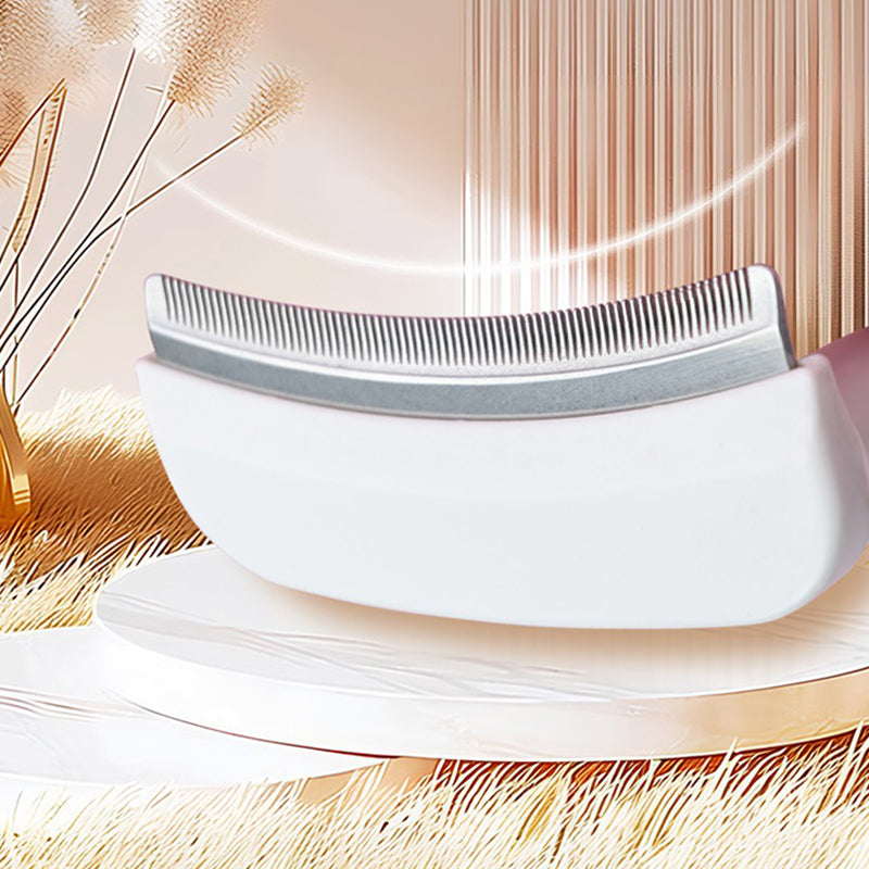 Close view of the curved stainless steel blade of the deshedding comb