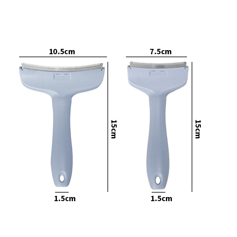 Large and small blue deshedding combs with their sizes