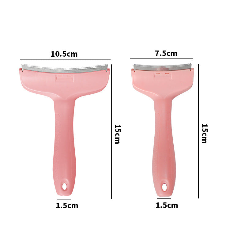 Large and small pink deshedding combs with their sizes