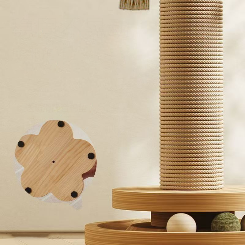 The sisal post on its ball track base, with an inset of the pads under the flower-shaped base