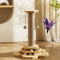 Sisal cat scratching post on a flower-shaped wooden base with a two-level ball track, a feather wand and two hanging balls