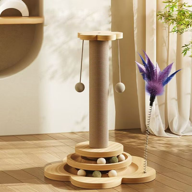 Sisal cat scratching post on a flower-shaped wooden base with a two-level ball track, a feather wand and two hanging balls