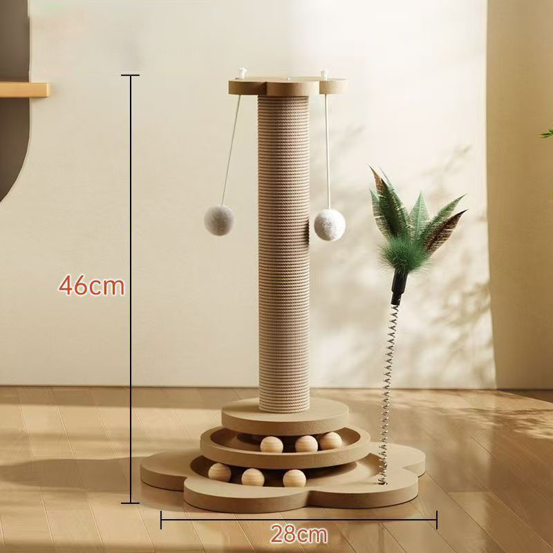 MDF sisal scratching post with white hanging balls, 46 cm high on a 28 cm base