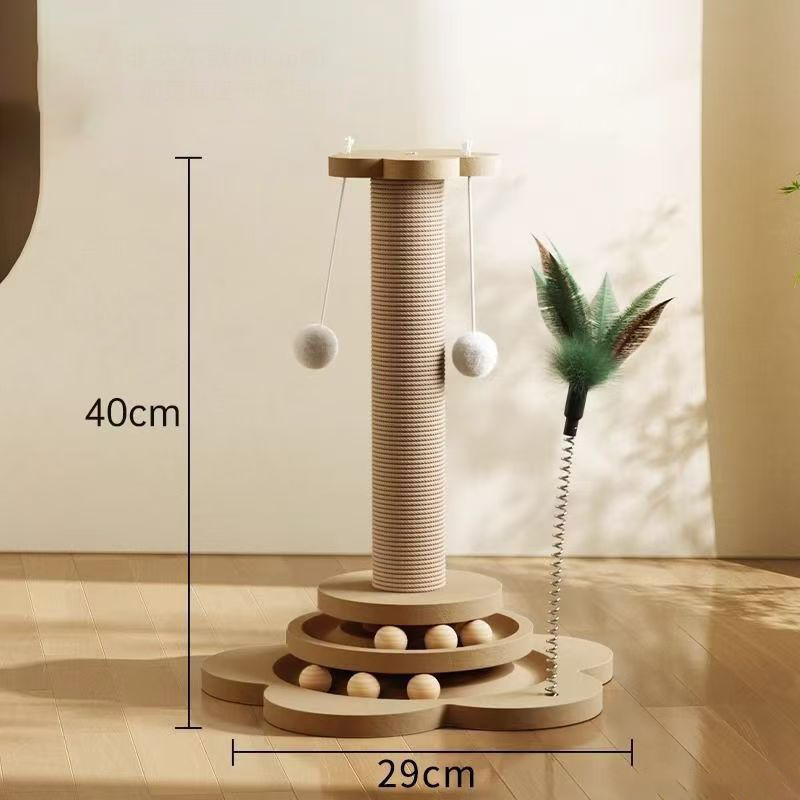 MDF sisal scratching post with white hanging balls, 40 cm high on a 29 cm base