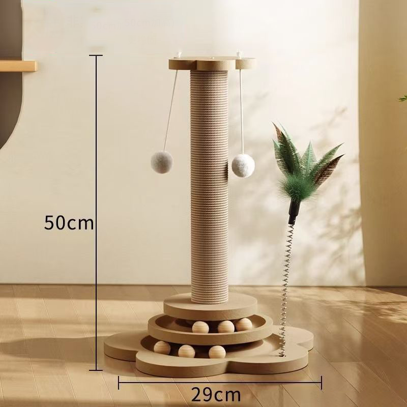 MDF sisal scratching post with white hanging balls, 50 cm high on a 29 cm base
