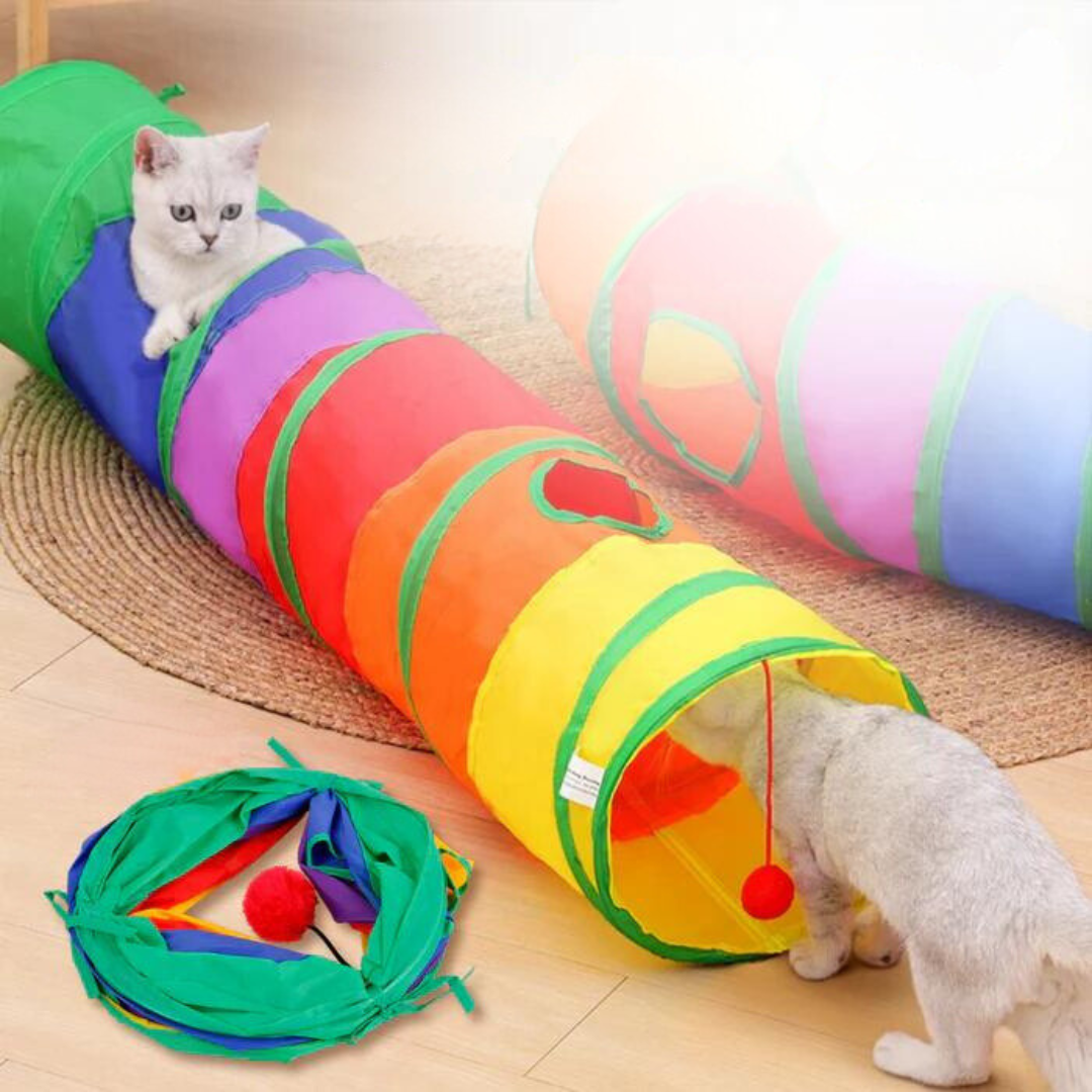 Two cats playing with the rainbow cat tunnel on a rug, with the tunnel also shown folded flat